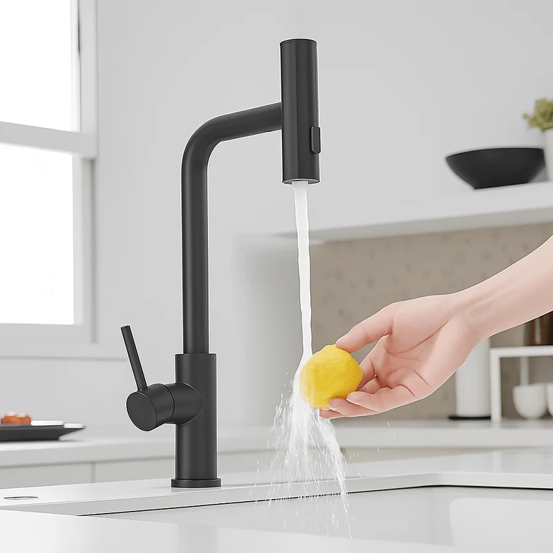 Robinet cuisine rétractable acier inoxydable brossé – Monotrou avec bec cascade
