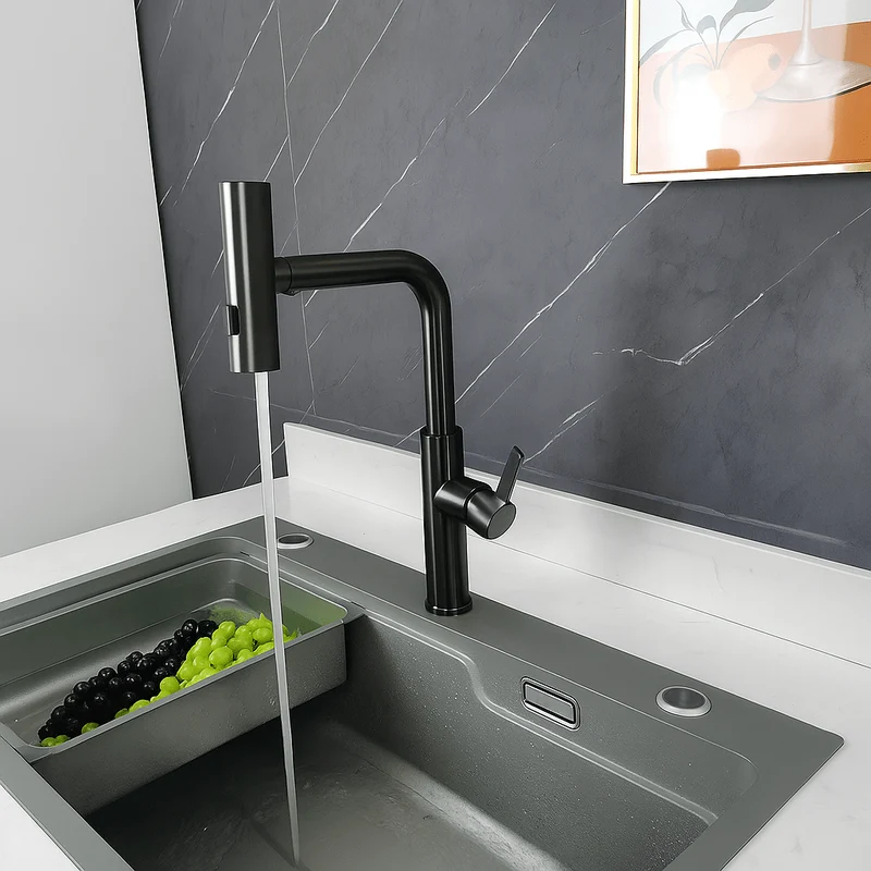 Robinet cuisine rétractable acier inoxydable brossé – Monotrou avec bec cascade