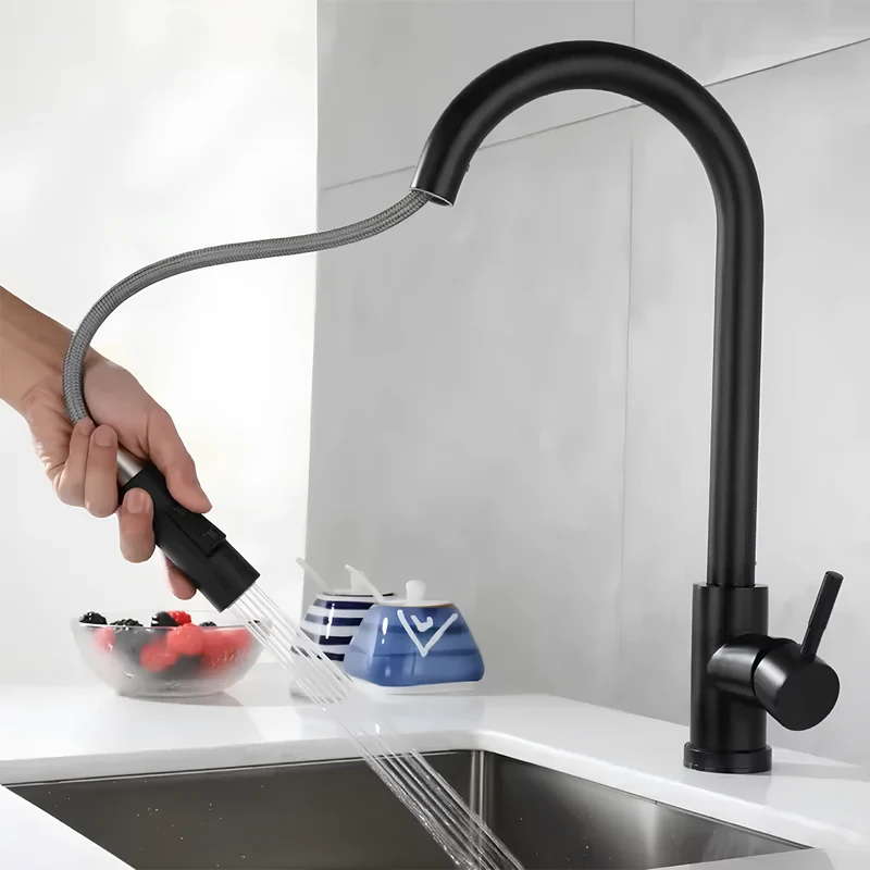 Robinet de cuisine inox brossé avec bec rétractable