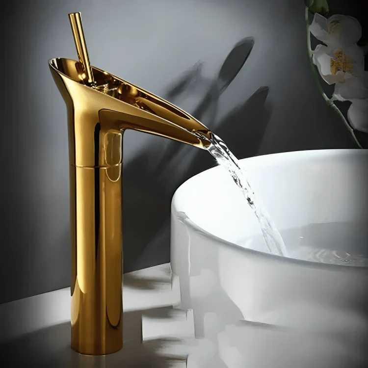 Robinet de lavabo haut en laiton brossé – cascade vintage à levier unique