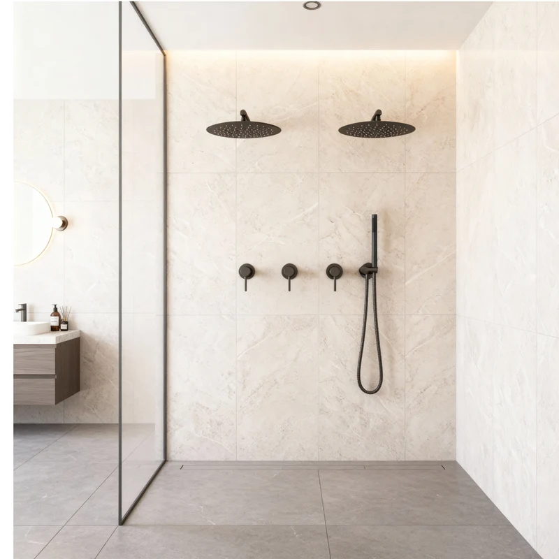 Double colonne de douche gris brossé encastrée