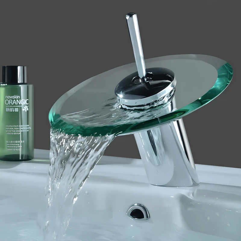 Robinet cascade en verre chromé pour lavabo – Design moderne