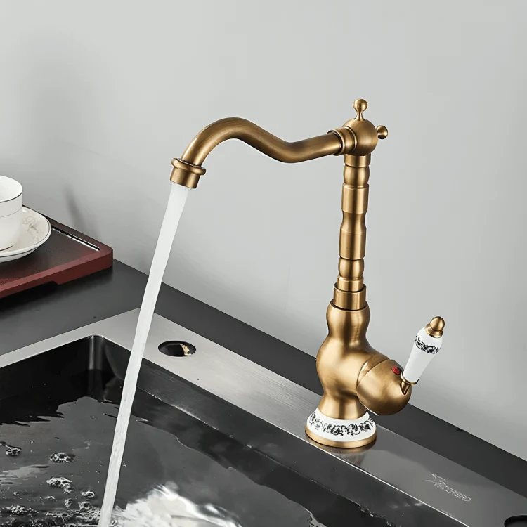 Robinet en laiton antique pour salle de bain – Bec rotatif, poignée céramique