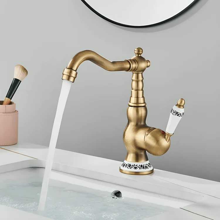 Robinet en laiton antique pour salle de bain – Bec rotatif, poignée céramique