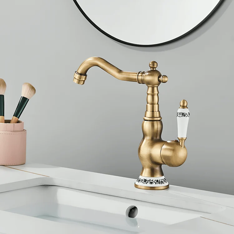 Robinet en laiton antique pour salle de bain – Bec rotatif, poignée céramique