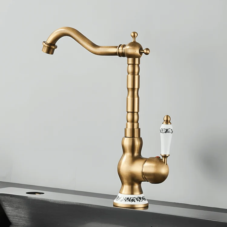 Robinet en laiton antique pour salle de bain – Bec rotatif, poignée céramique