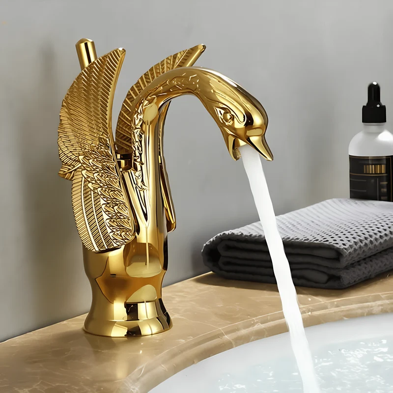 Robinet lavabo doré en laiton – Design cygne élégant, pour salle de bain moderne
