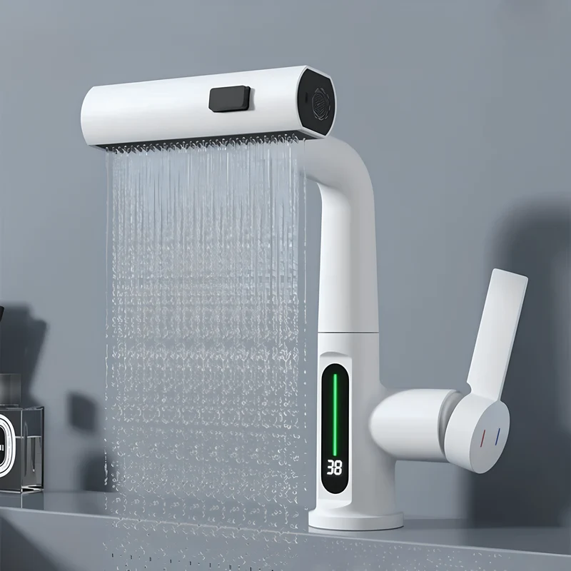 Robinet mitigeur salle de bain avec affichage température – Cascade design rotatif en inox