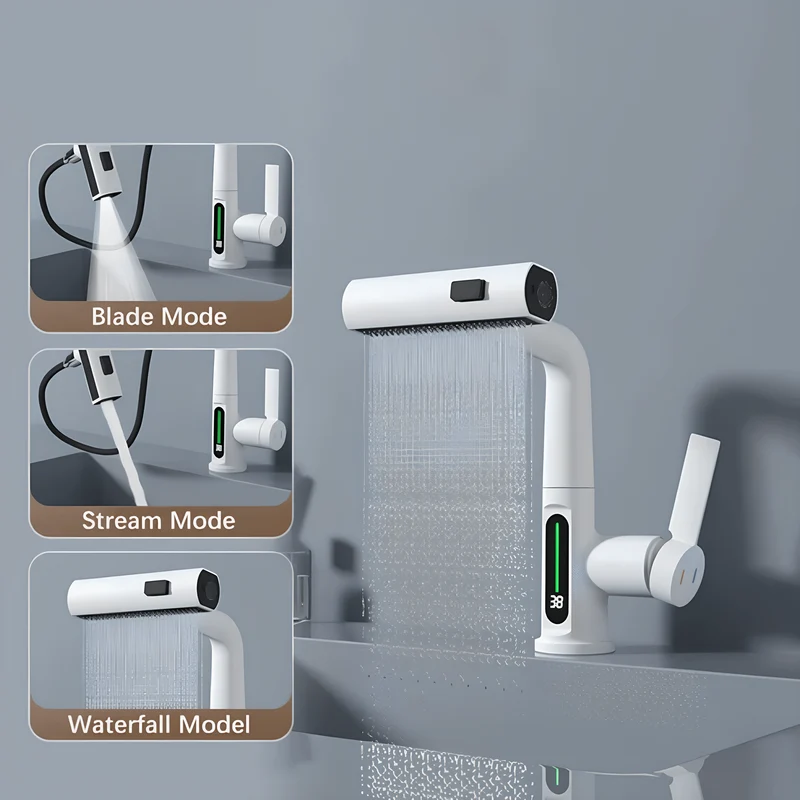 Robinet mitigeur salle de bain avec affichage température – Cascade design rotatif en inox
