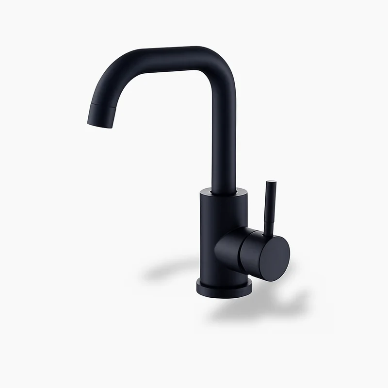 Robinet salle de bain design en inox brossé – Bec courbé et poignée latérale