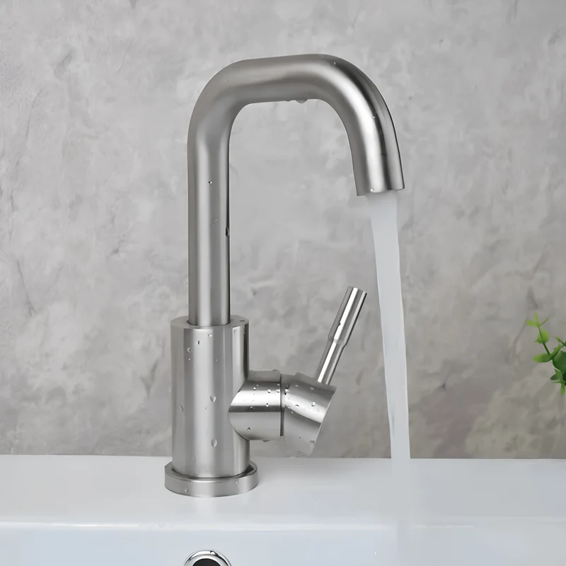 Robinet salle de bain design en inox brossé – Bec courbé et poignée latérale