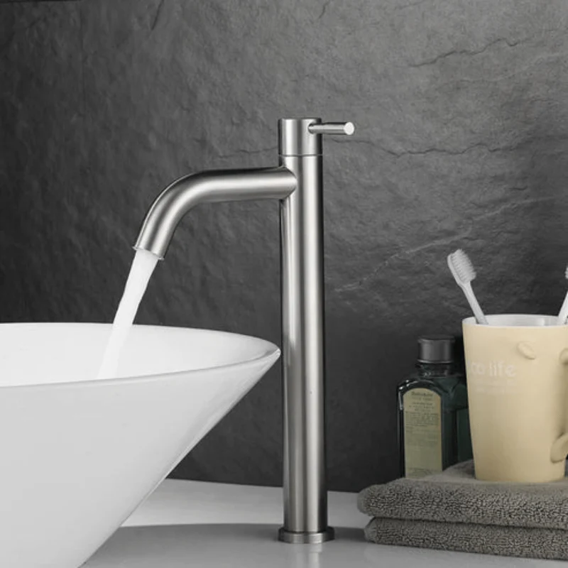 Robinet salle de bain haut en inox – Modèle élancé pour vasque surélevée