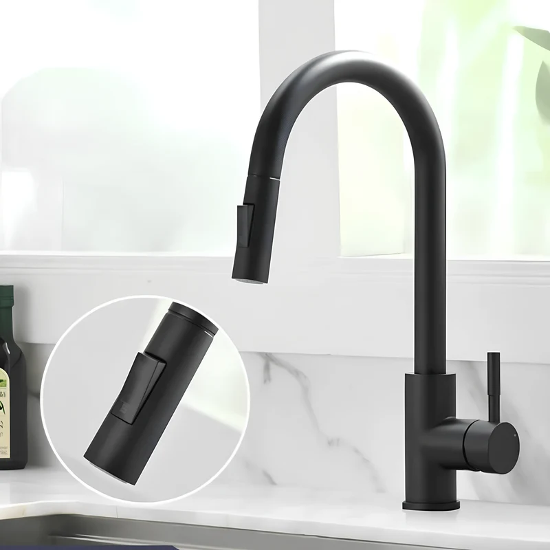 Robinet cuisine doré avec bec extractible – Design en laiton brossé
