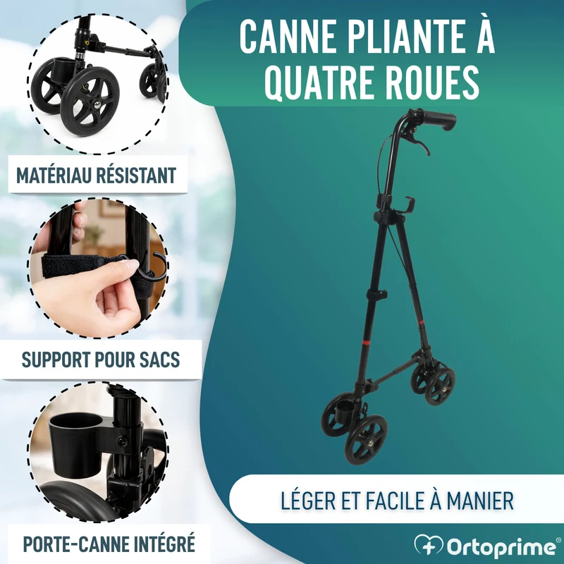 Canne à 4 Roues avec Frein Arrière | Réglable en Hauteur