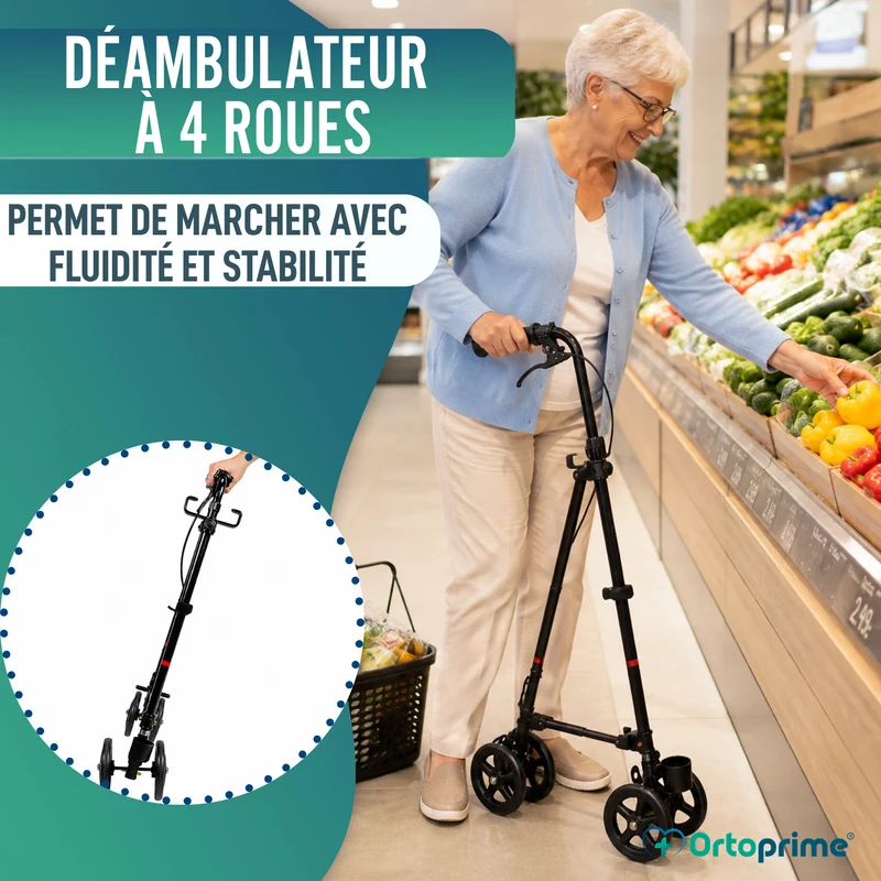 Canne à 4 Roues avec Frein Arrière | Réglable en Hauteur