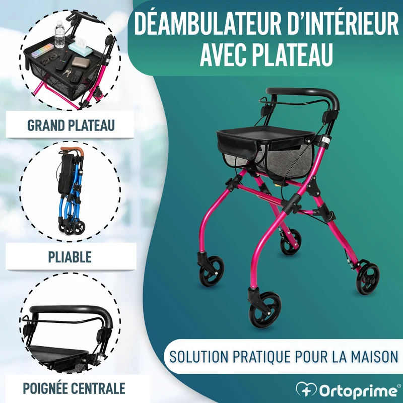 Déambulateur Rollator Intérieur Pliant avec Plateau