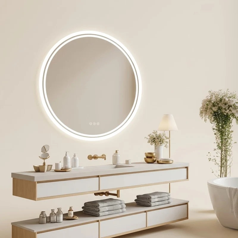 Miroir salle de bain LED rond anti-buée tactile éclairage réglable