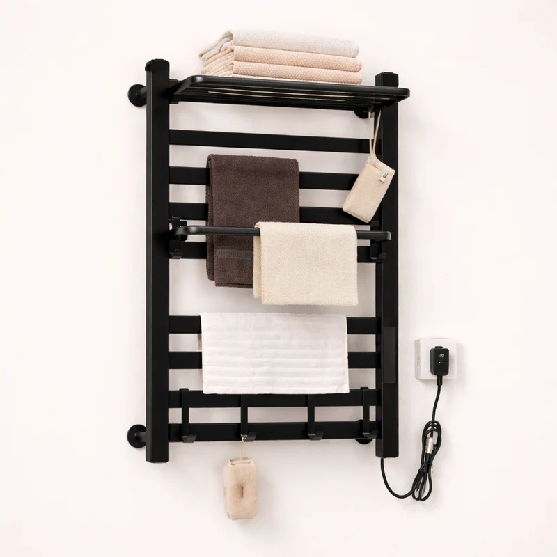 Porte-serviettes Électrique Noir Design - Thermostat Intelligent & Étagère Pliable