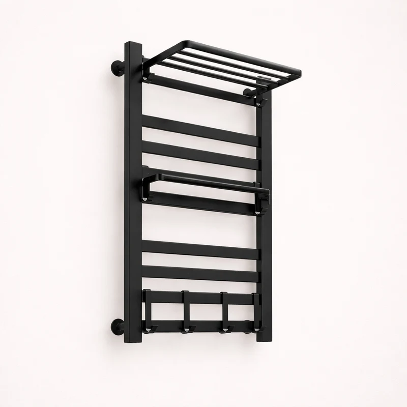 Porte-serviettes Électrique Noir Design - Thermostat Intelligent & Étagère Pliable