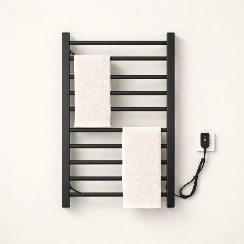 Porte-serviettes Électrique Noir Design - Thermostat Intelligent & Étagère Pliable