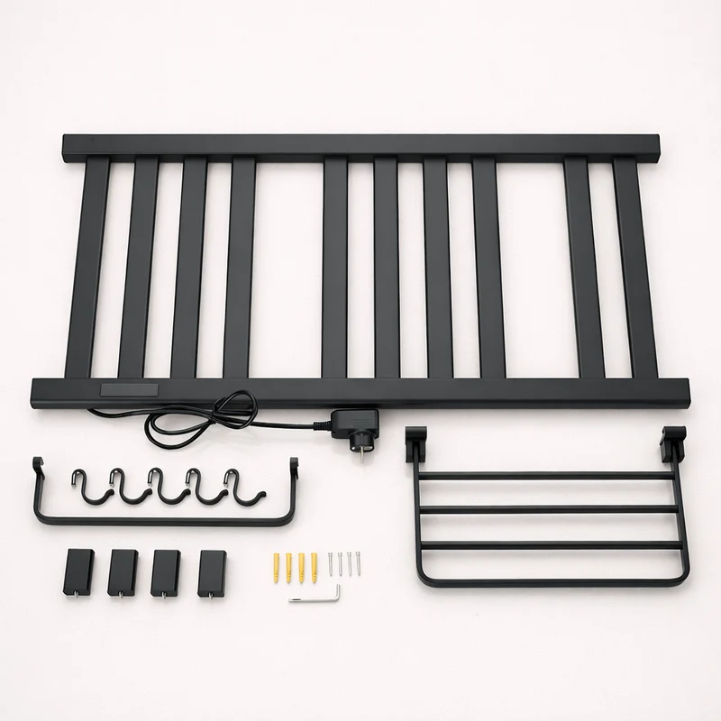 Porte-serviettes Électrique Noir Design - Thermostat Intelligent & Étagère Pliable