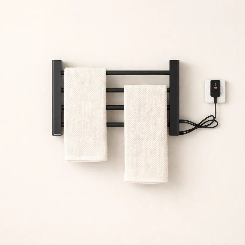 Porte-serviettes Électrique Noir Design - Thermostat Intelligent & Étagère Pliable