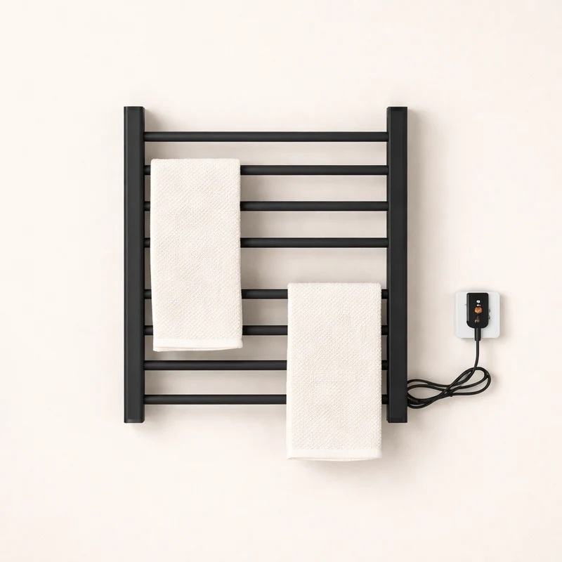 Porte-serviettes Électrique Noir Design - Thermostat Intelligent & Étagère Pliable