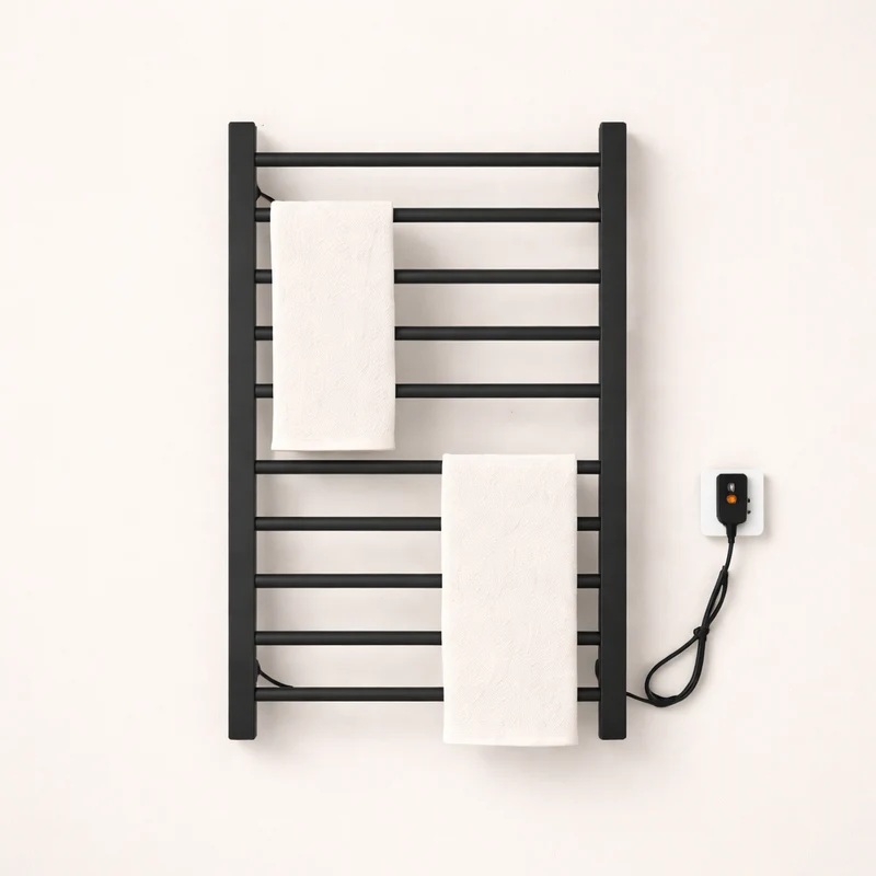 Porte-serviettes Électrique Noir Design - Thermostat Intelligent & Étagère Pliable