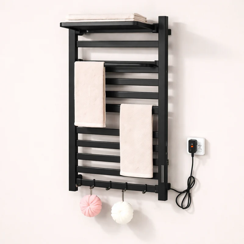 Porte-serviettes Électrique Noir Design - Thermostat Intelligent & Étagère Pliable