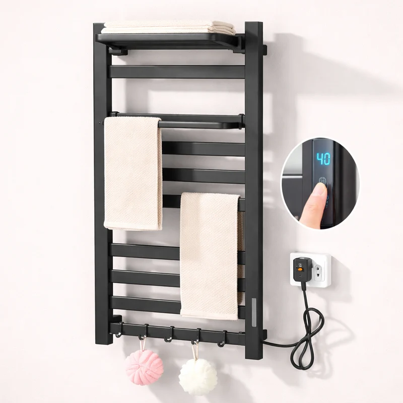 Sèche-serviette Électrique Noir Mat en Acier Inoxydable - Contrôle Tactile & Pliable