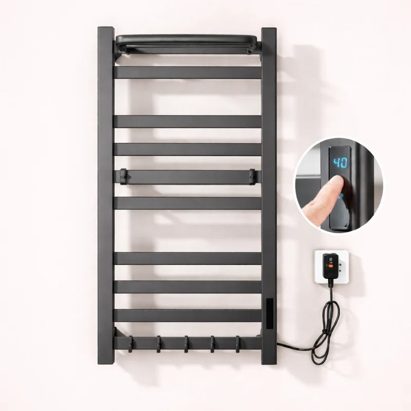 Sèche-serviette Électrique Noir Mat en Acier Inoxydable - Contrôle Tactile & Pliable