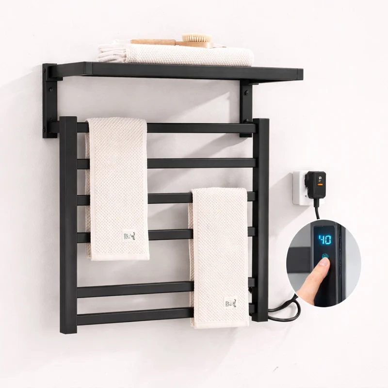 Sèche-serviette Électrique Noir Mat en Acier Inoxydable - Contrôle Tactile & Pliable