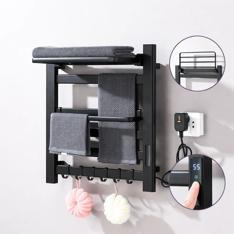 Sèche-serviette Électrique Noir Mat en Acier Inoxydable - Contrôle Tactile & Pliable