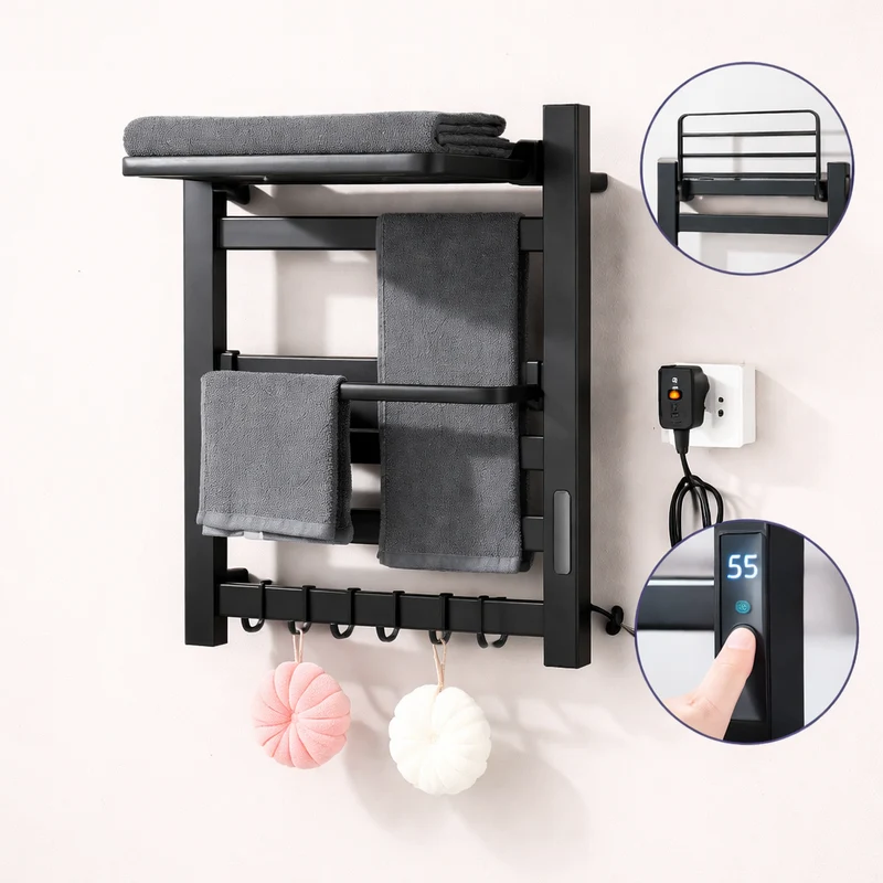 Sèche-serviette Électrique Noir Mat en Acier Inoxydable - Contrôle Tactile & Pliable