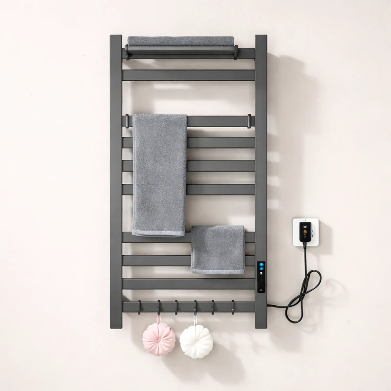 Sèche-serviettes Électrique Noir en Acier Inoxydable - Thermostat Tactile et Affichage Numérique