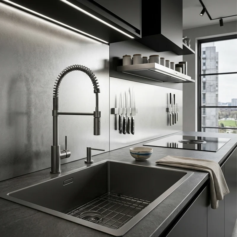 Distributeur savon cuisine encastrable inox PVD noir métallisé MAYA
