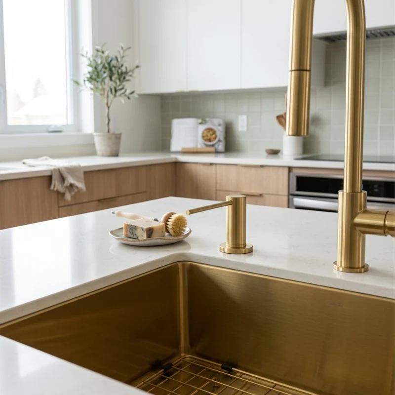 Distributeur savon cuisine encastrable inox PVD doré MAYA