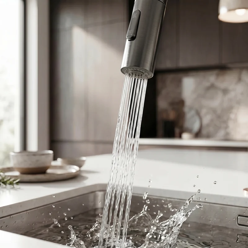 Mitigeur de cuisine avec douchette gris brossé