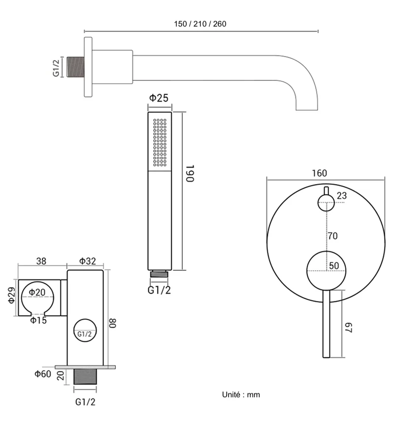 Kit bain douche encastré or brossé