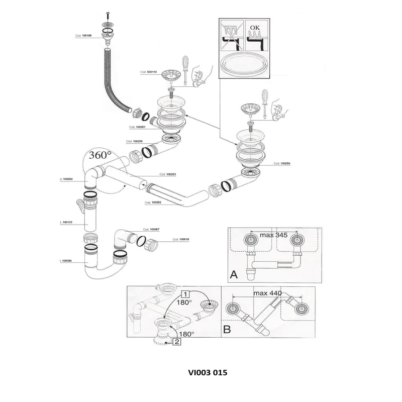 Vidage manuel 2 bacs CUIPD129 - Siphon gain de place