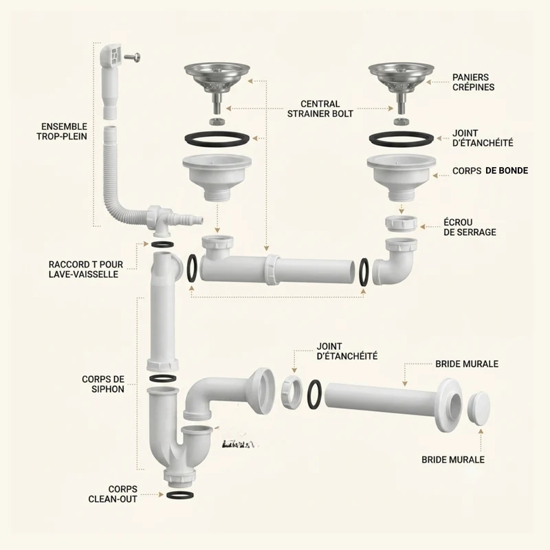 Vidage CUIPD663-A pour évier inox NINO 2 bacs 120 cm - Siphon gain de place