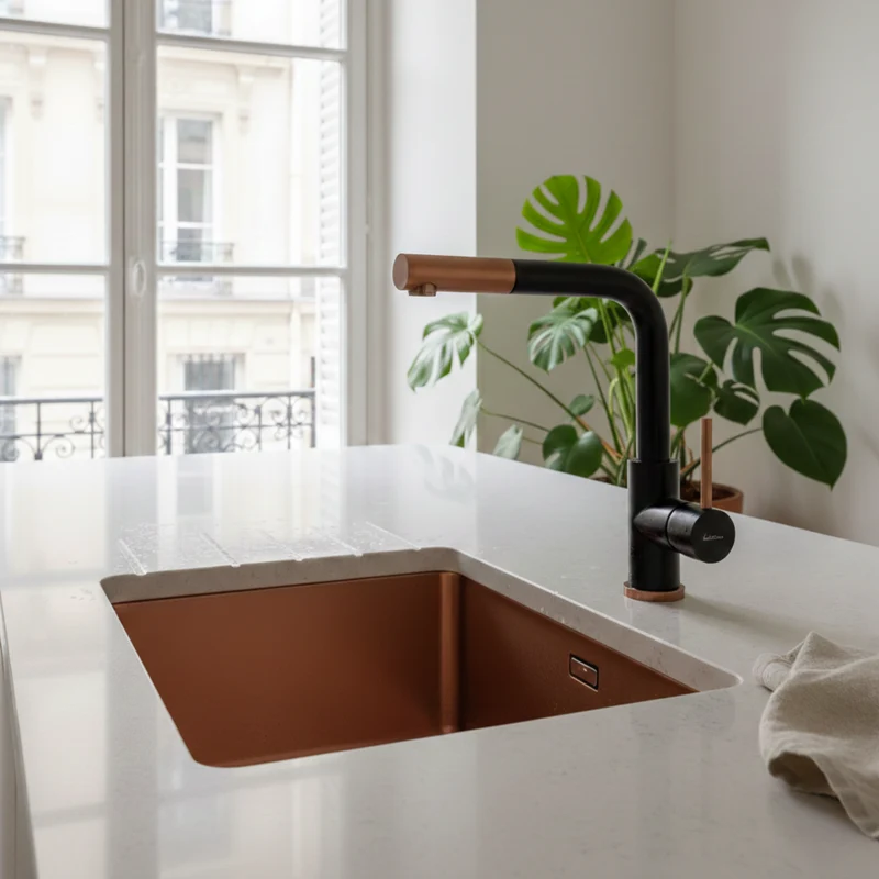 Robinet Douchette Luisina inox massif PVD noir et cuivre LENA