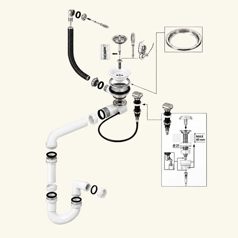 Vidage automatique gain de place 1 bac CUIPD013 pour évier granit - Siphon gain de place