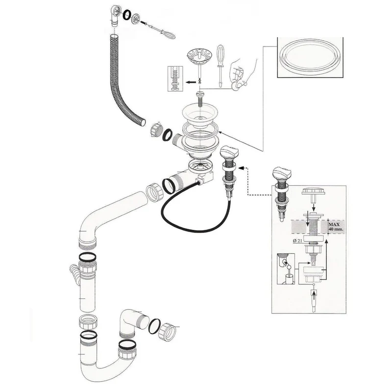 Vidage automatique gain de place 1 bac CUIPD013 pour évier granit - Siphon gain de place