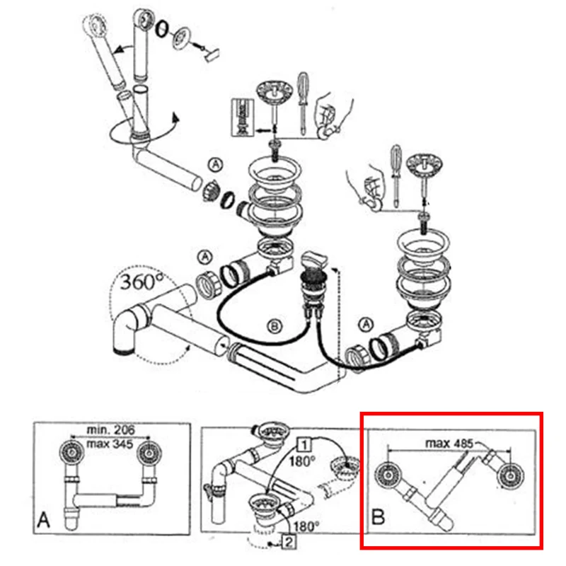 Vidage automatique 2 bacs CUIPD243 pour évier Villeroy & Boch ARCHITECTURA - Siphon gain de place