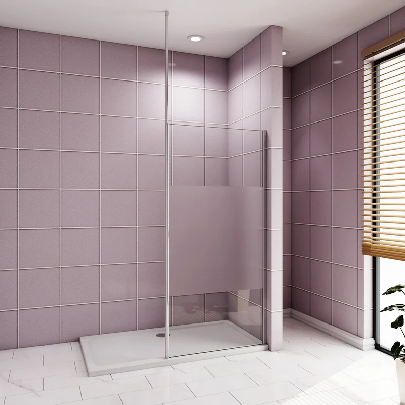 Paroi de douche Walk‑in à bande centrale sablée | Verre 8 mm anticalcaire | Barre de fixation extensible au plafond incluse