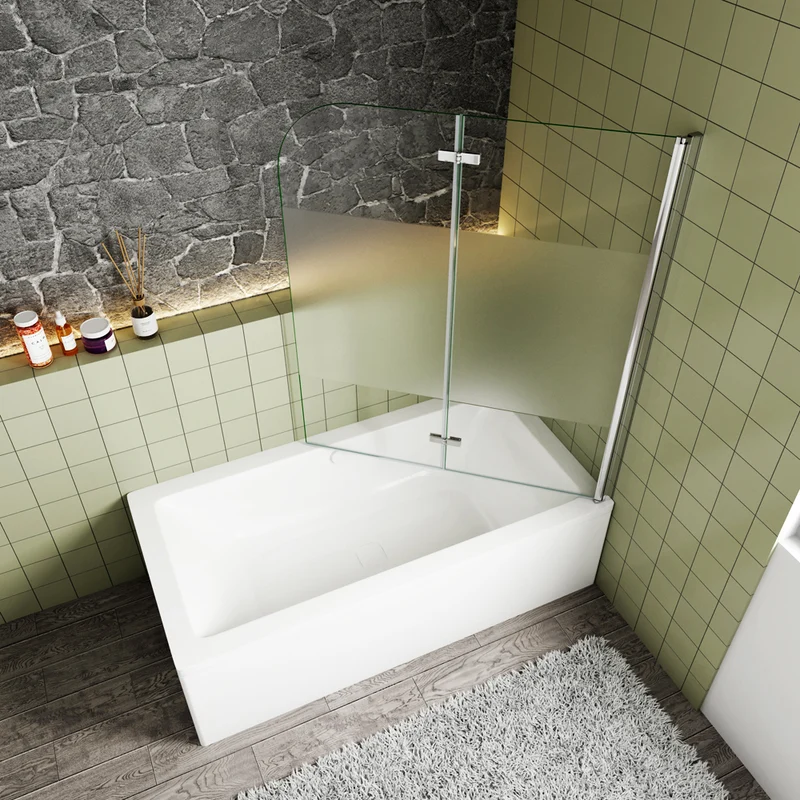 Océan Pare-baignoire 2 volets en verre sécurité, bande centrale dépoli, pivotant & ouvrant à charnière – Largeurs 90/100/120 cm, hauteur 140 cm