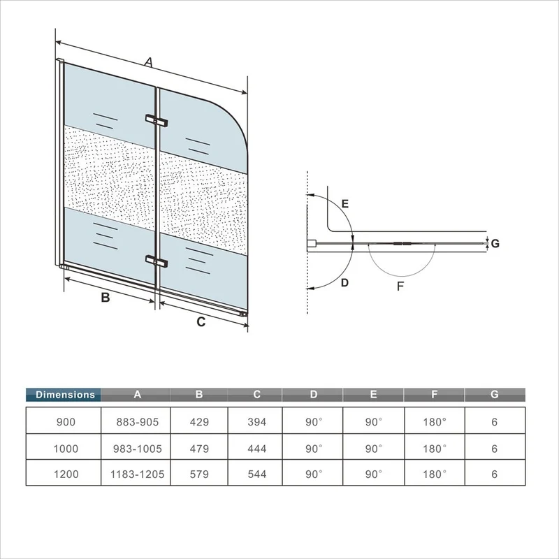 Océan Pare-baignoire 2 volets en verre sécurité, bande centrale dépoli, pivotant & ouvrant à charnière – Largeurs 90/100/120 cm, hauteur 140 cm