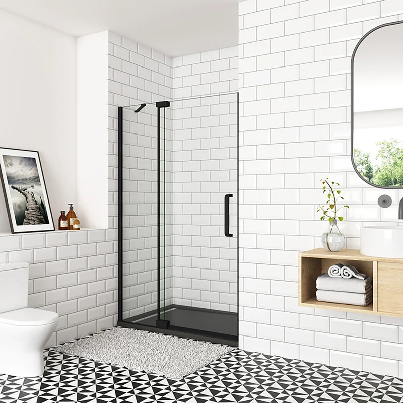 Océan Porte de douche pivotante 80-120x195cm, avec une barre fixée d'angle, porte de douche noire en verre 8mm anti-calcaire, profil et poignée noir mat