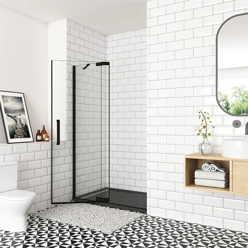 Océan Porte de douche pivotante 80-120x195cm, avec une barre fixée d'angle, porte de douche noire en verre 8mm anti-calcaire, profil et poignée noir mat